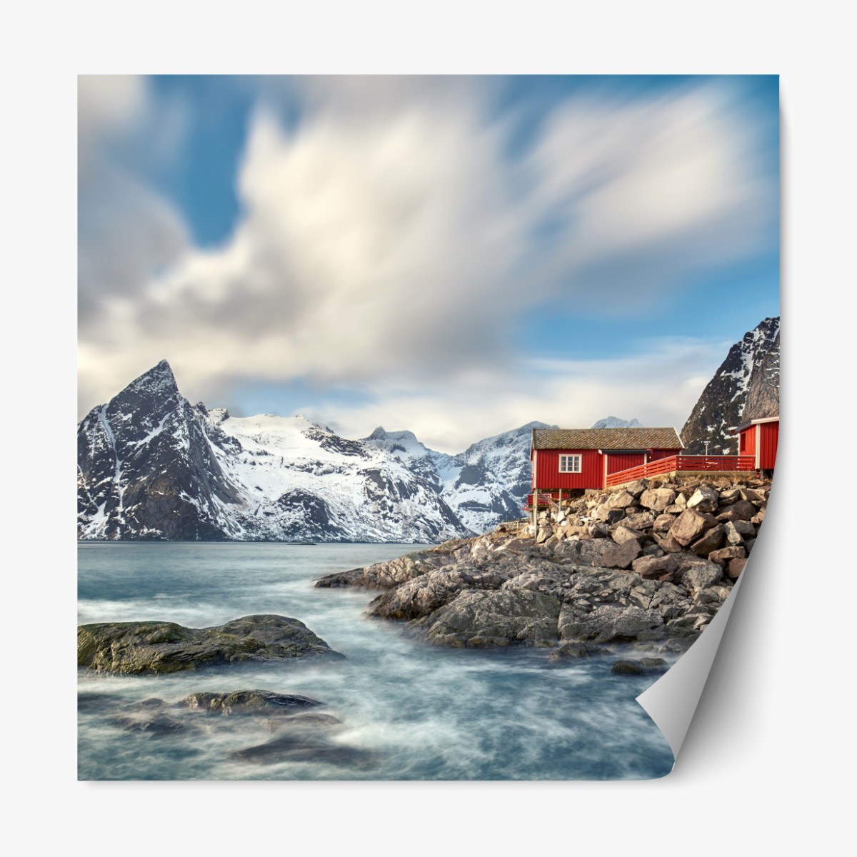 Repositionable sticker red cabins by snowy coastal mountains