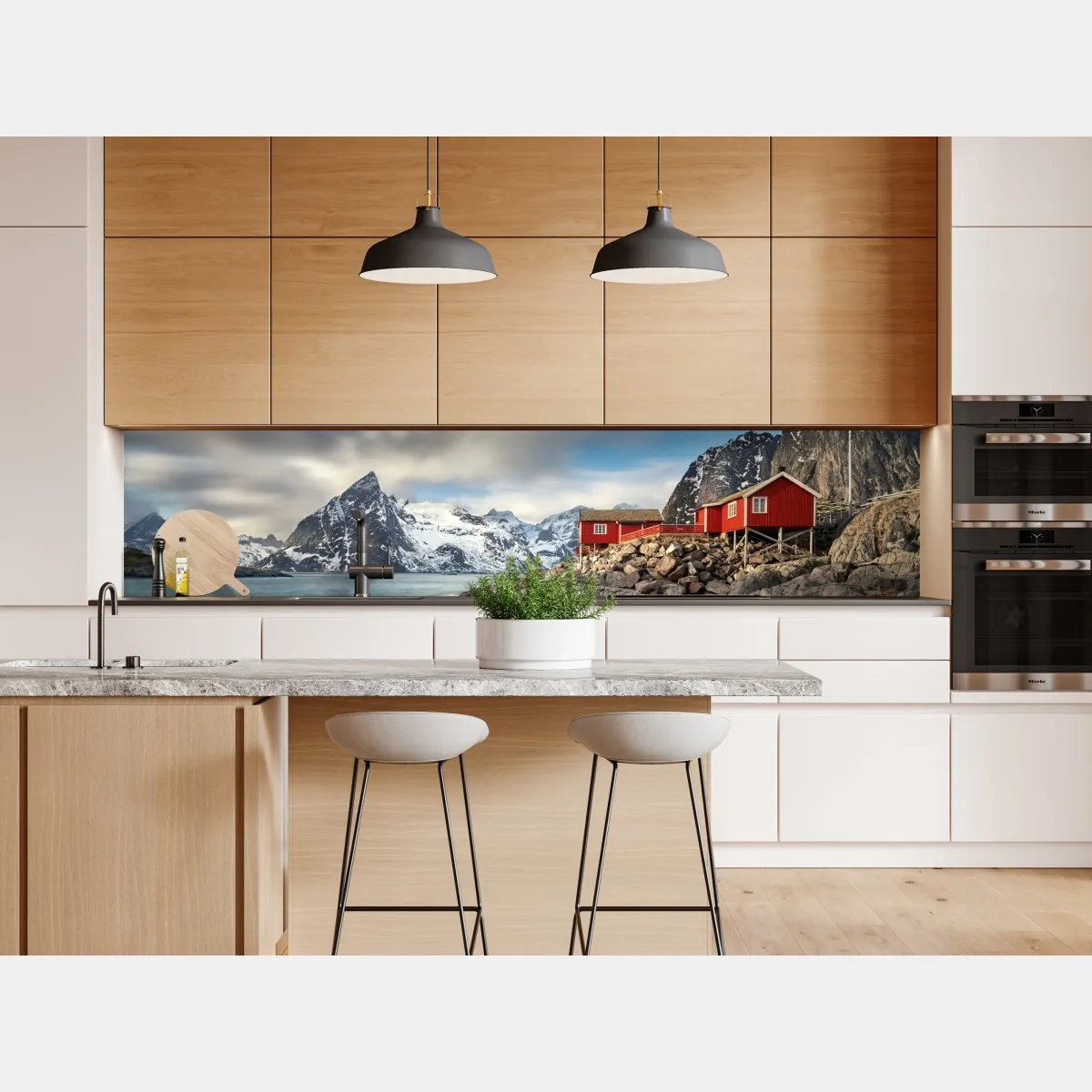 Naklejka repozycjonowalna czerwone domki rybackie przy zaśnieżonych górach – Wallissimo® Naklejka repozycjonowalna czerwone domki rybackie przy zaśnieżonych górach – Wallissimo®