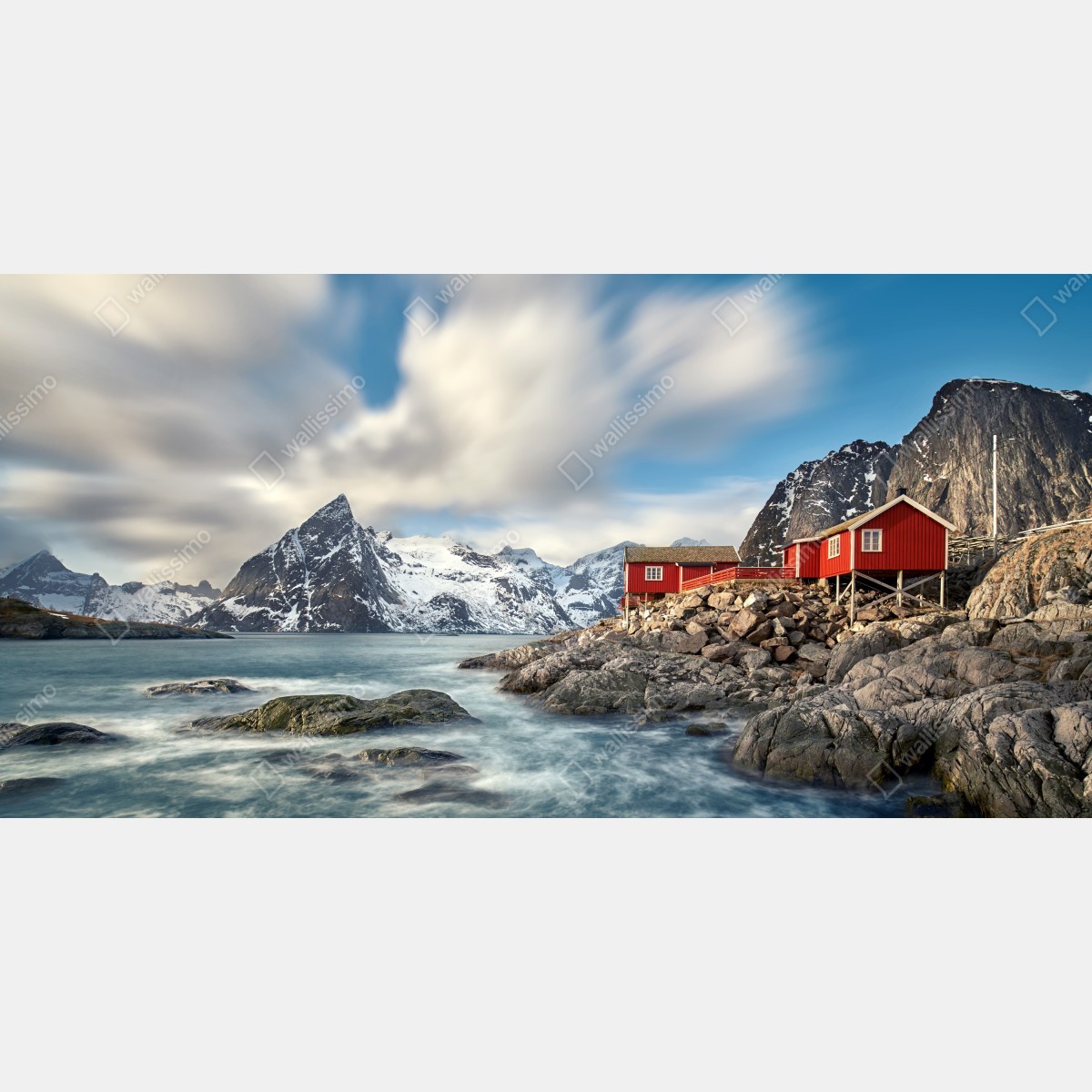 Naklejka repozycjonowalna czerwone domki rybackie przy zaśnieżonych górach – Wallissimo® Naklejka repozycjonowalna czerwone domki rybackie przy zaśnieżonych górach – Wallissimo®