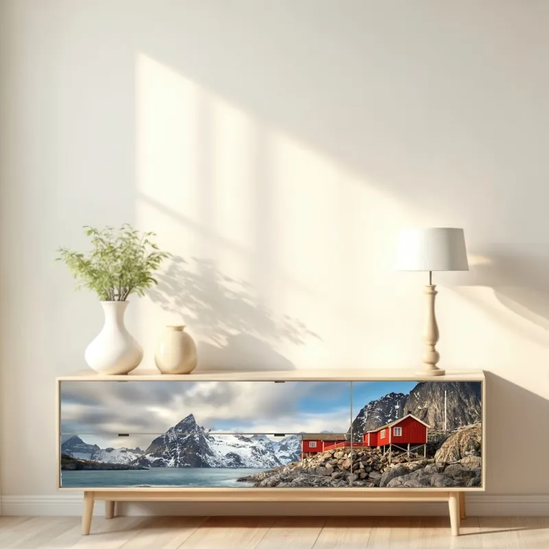 Naklejka repozycjonowalna czerwone domki rybackie przy zaśnieżonych górach – Wallissimo® Naklejka repozycjonowalna czerwone domki rybackie przy zaśnieżonych górach – Wallissimo®