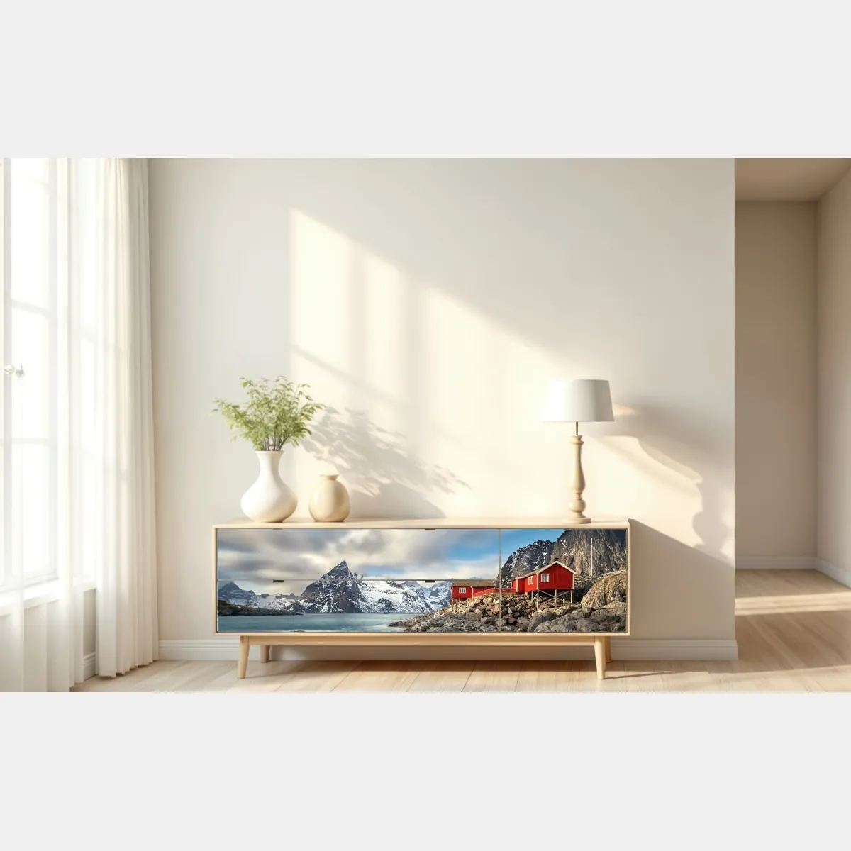 Naklejka repozycjonowalna czerwone domki rybackie przy zaśnieżonych górach – Wallissimo® Naklejka repozycjonowalna czerwone domki rybackie przy zaśnieżonych górach – Wallissimo®