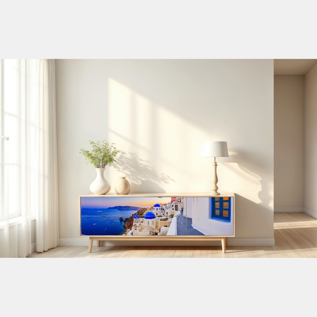 Naklejka repozycjonowalna Santorini zachód słońca nad niebieskimi kopułami – Wallissimo® Naklejka repozycjonowalna Santorini zachód słońca nad niebieskimi kopułami – Wallissimo®