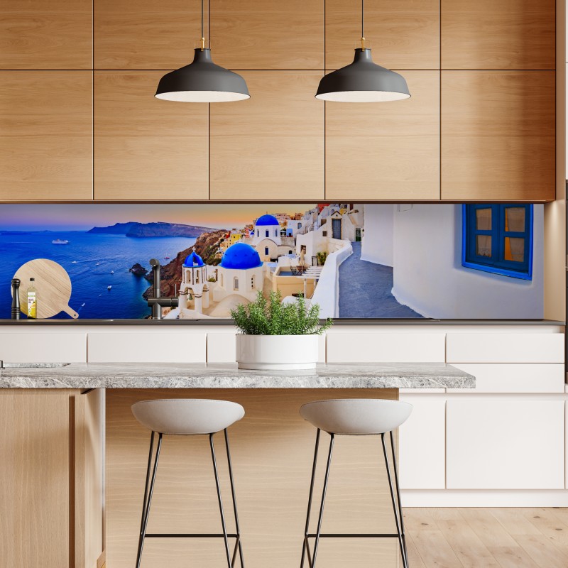 Naklejka repozycjonowalna Santorini zachód słońca nad niebieskimi kopułami – Wallissimo® Naklejka repozycjonowalna Santorini zachód słońca nad niebieskimi kopułami – Wallissimo®