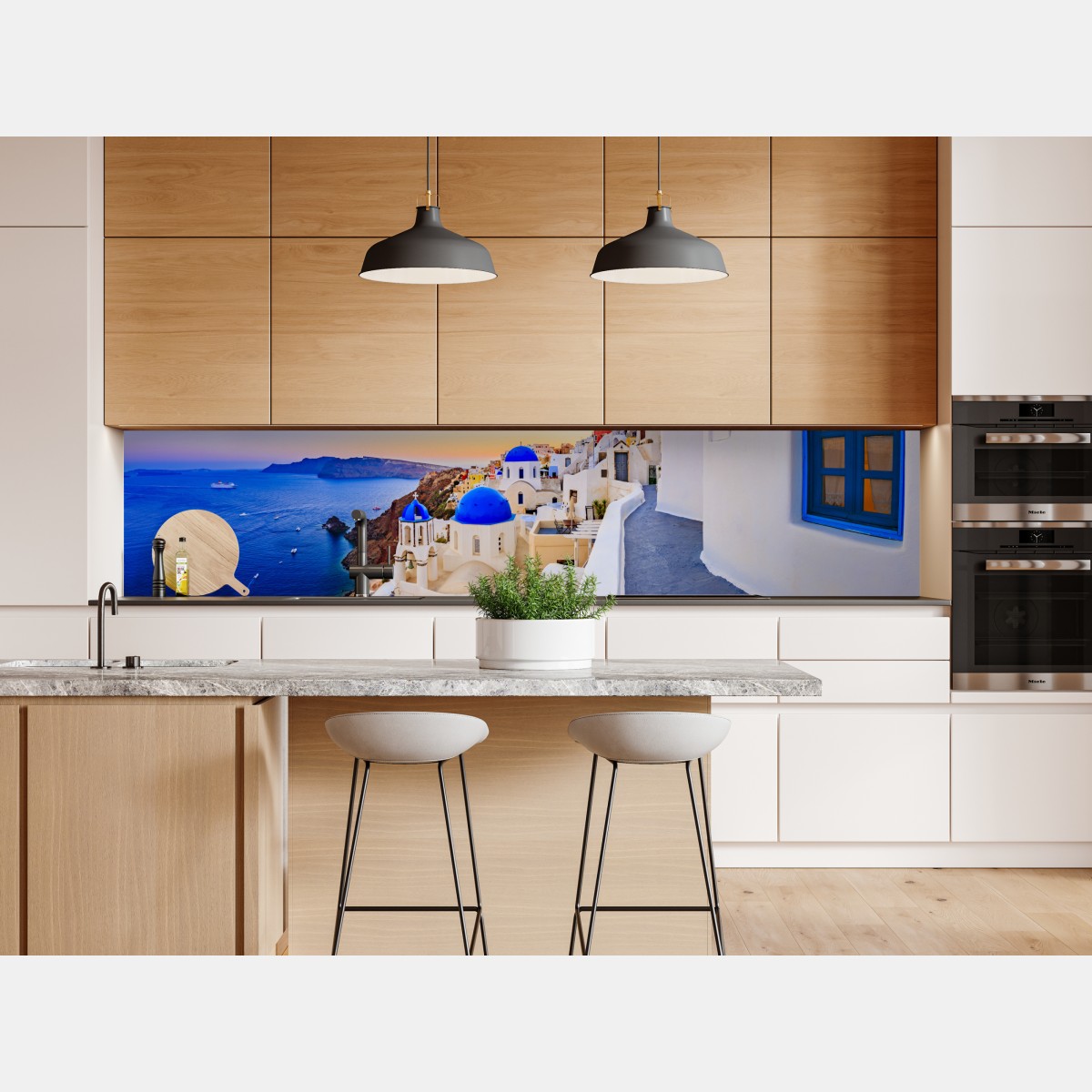 Naklejka repozycjonowalna Santorini zachód słońca nad niebieskimi kopułami – Wallissimo® Naklejka repozycjonowalna Santorini zachód słońca nad niebieskimi kopułami – Wallissimo®