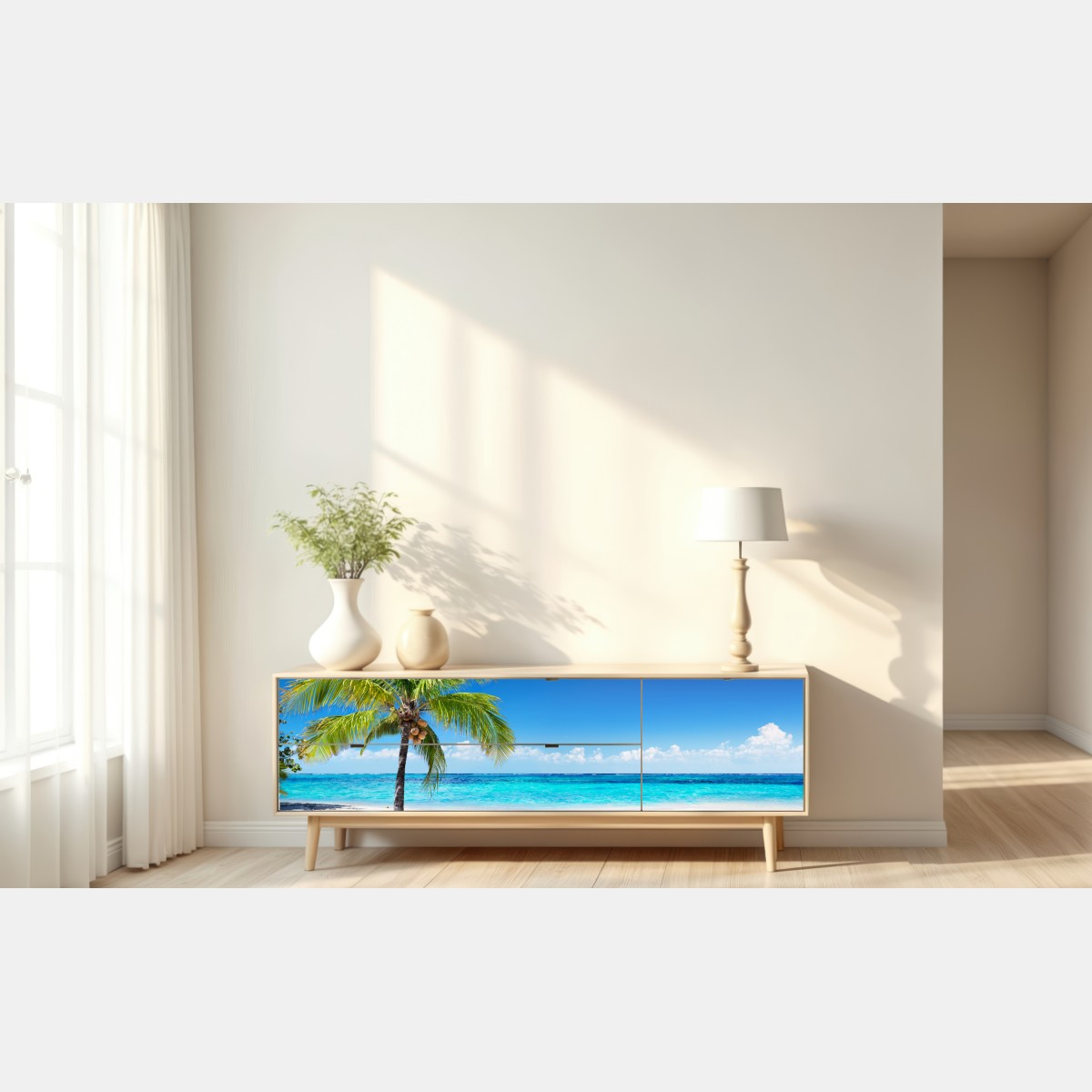 Naklejka repozycjonowalna tropikalna palma na turkusowej plaży – Wallissimo® Naklejka repozycjonowalna tropikalna palma na turkusowej plaży – Wallissimo®