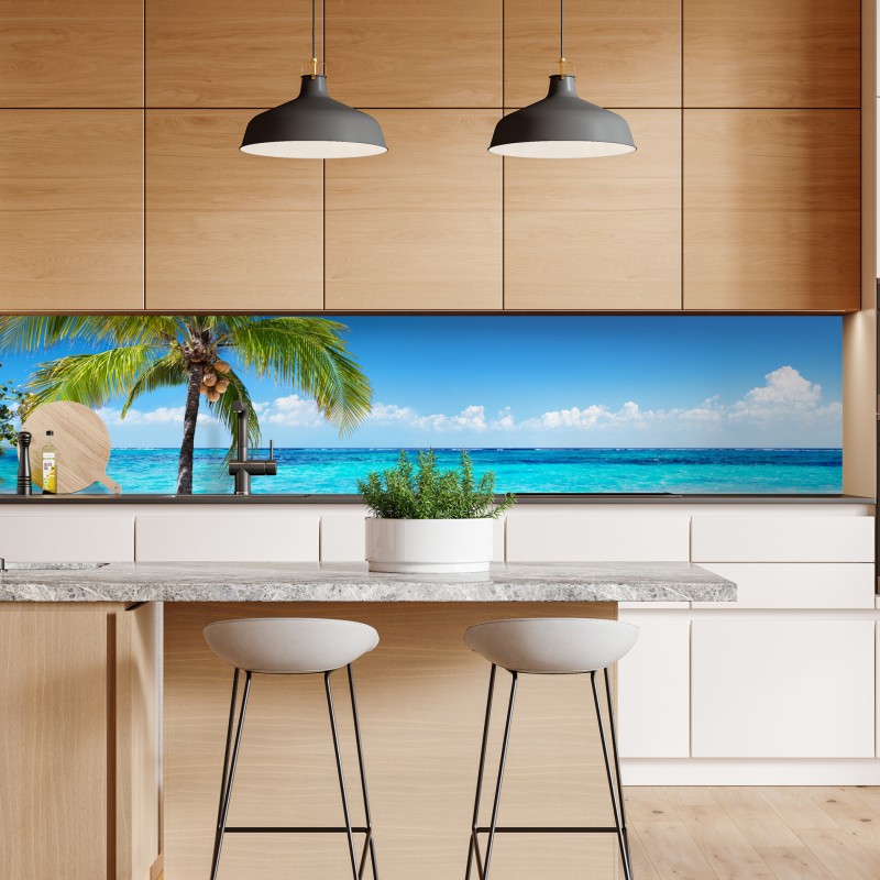Naklejka repozycjonowalna tropikalna palma na turkusowej plaży – Wallissimo® Naklejka repozycjonowalna tropikalna palma na turkusowej plaży – Wallissimo®
