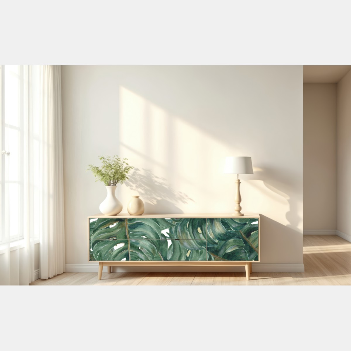 Naklejka repozycjonowalna malowane akwarelą liście monstery – Wallissimo® Naklejka repozycjonowalna malowane akwarelą liście monstery – Wallissimo®