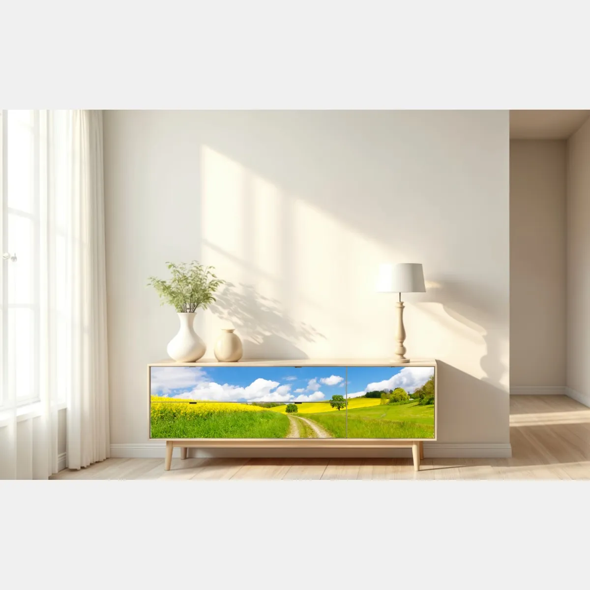 Naklejka repozycjonowalna słoneczna wiejska droga przez żółte pola – Wallissimo® Naklejka repozycjonowalna słoneczna wiejska droga przez żółte pola – Wallissimo®