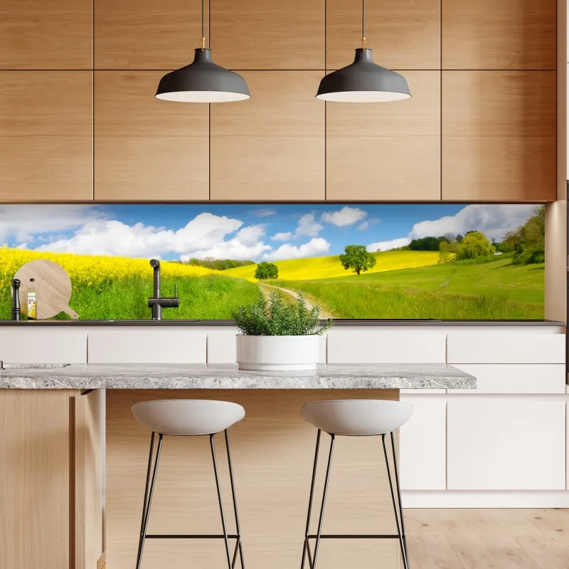 Naklejka repozycjonowalna słoneczna wiejska droga przez żółte pola – Wallissimo® Naklejka repozycjonowalna słoneczna wiejska droga przez żółte pola – Wallissimo®