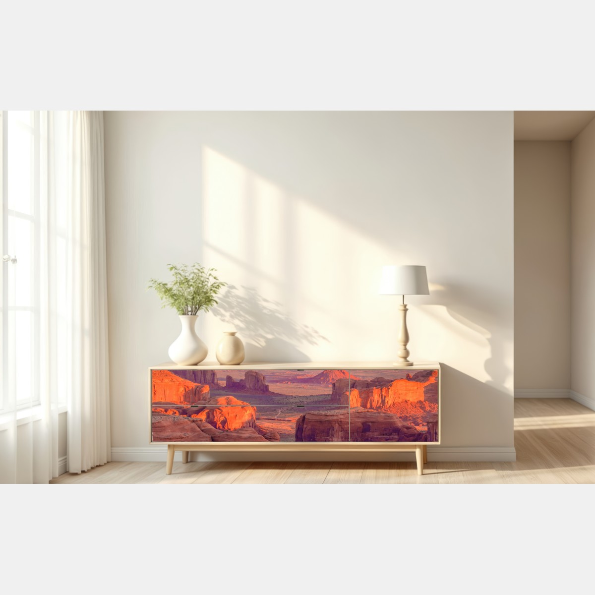 Naklejka repozycjonowalna zachód słońca nad Monument Valley z Hunts Mesa – Wallissimo® Naklejka repozycjonowalna zachód słońca nad Monument Valley z Hunts Mesa – Wallissimo®