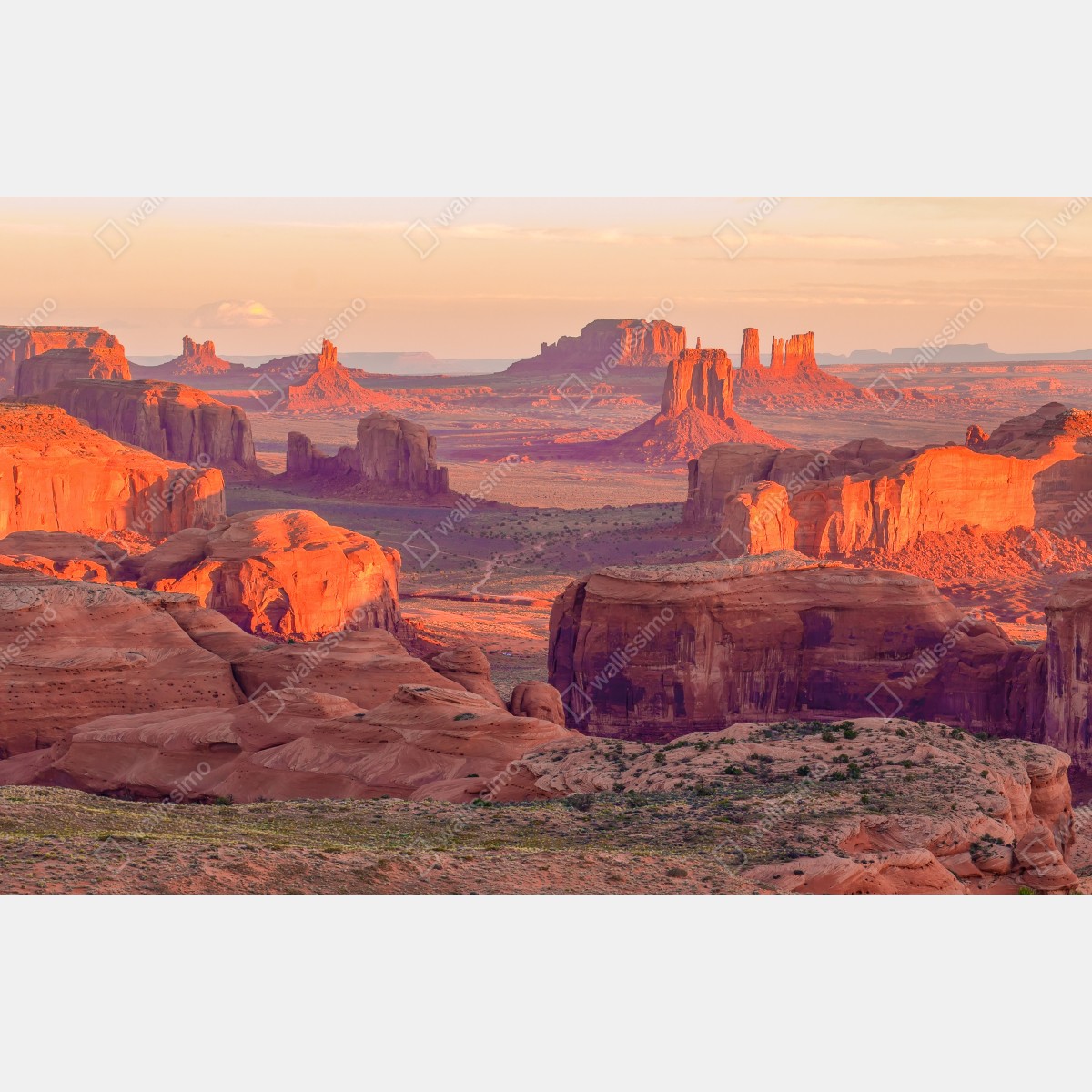 Naklejka repozycjonowalna zachód słońca nad Monument Valley z Hunts Mesa – Wallissimo® Naklejka repozycjonowalna zachód słońca nad Monument Valley z Hunts Mesa – Wallissimo®