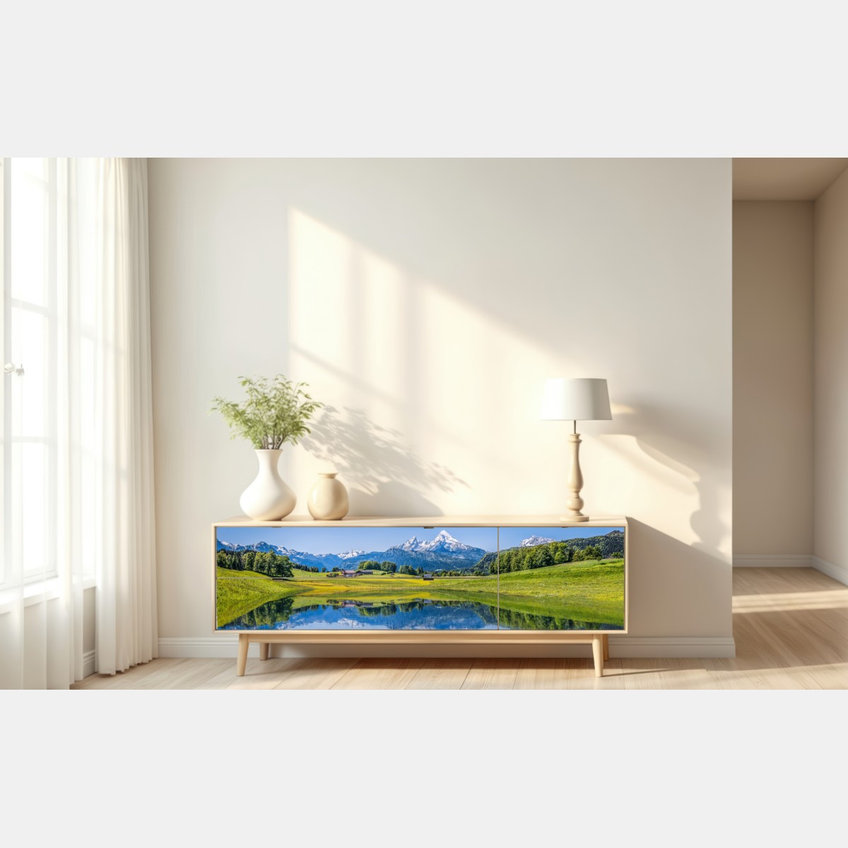 Naklejka repozycjonowalna alpejskie odbicie: spokojny krajobraz górski – Wallissimo® Naklejka repozycjonowalna alpejskie odbicie: spokojny krajobraz górski – Wallissimo®