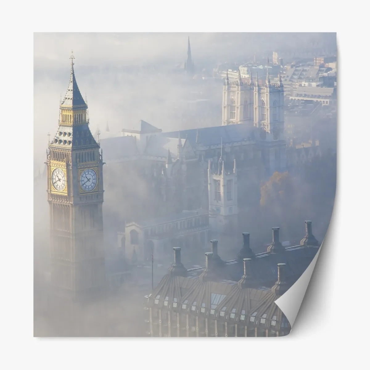 Naklejka repozycjonowalna mglisty widok z lotu ptaka na Big Ben i Pałac Westminsterski – Wallissimo® Naklejka repozycjonowalna mglisty widok z lotu ptaka na Big Ben i Pałac Westminsterski – Wallissimo®