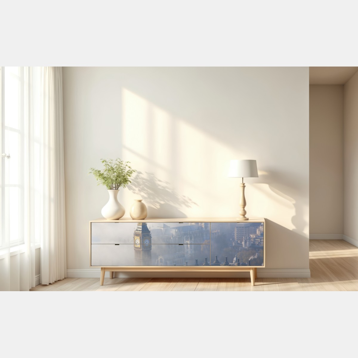 Naklejka repozycjonowalna mglisty widok z lotu ptaka na Big Ben i Pałac Westminsterski – Wallissimo® Naklejka repozycjonowalna mglisty widok z lotu ptaka na Big Ben i Pałac Westminsterski – Wallissimo®