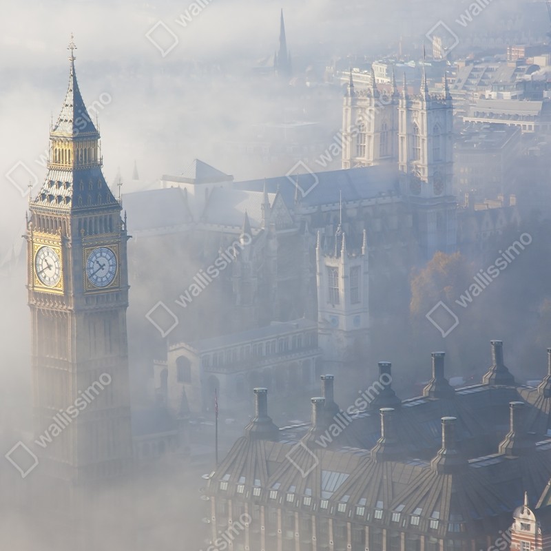 Naklejka repozycjonowalna mglisty widok z lotu ptaka na Big Ben i Pałac Westminsterski – Wallissimo® Naklejka repozycjonowalna mglisty widok z lotu ptaka na Big Ben i Pałac Westminsterski – Wallissimo®