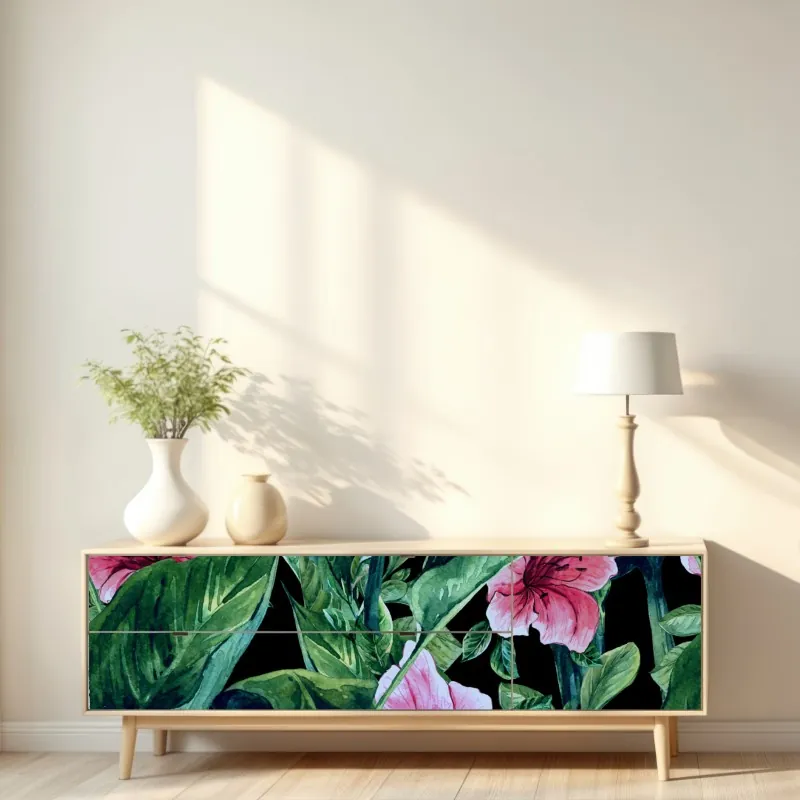 Naklejka repozycjonowalna różowe akwarelowe kwiaty na czarnym tle – Wallissimo® Naklejka repozycjonowalna różowe akwarelowe kwiaty na czarnym tle – Wallissimo®