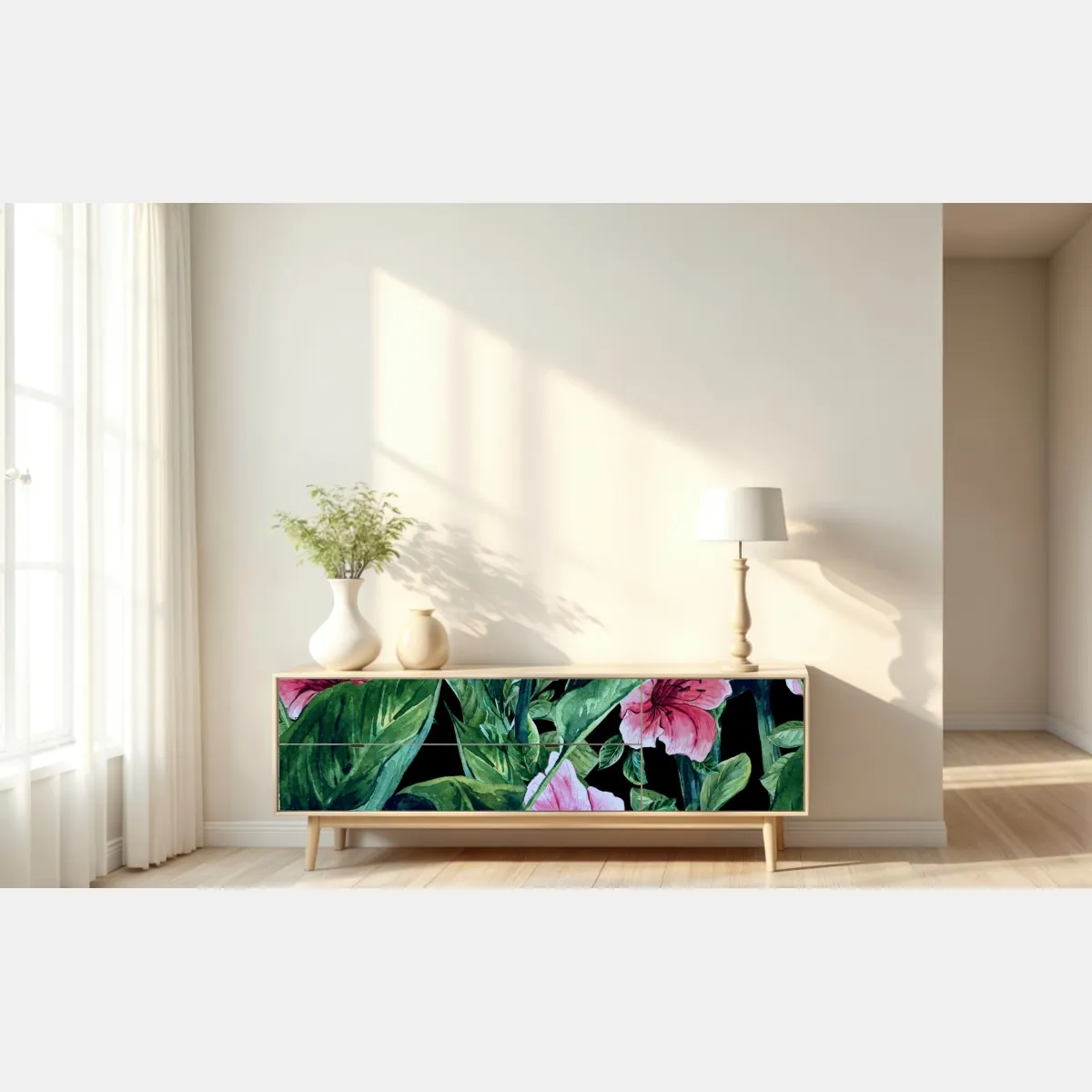 Naklejka repozycjonowalna różowe akwarelowe kwiaty na czarnym tle – Wallissimo® Naklejka repozycjonowalna różowe akwarelowe kwiaty na czarnym tle – Wallissimo®