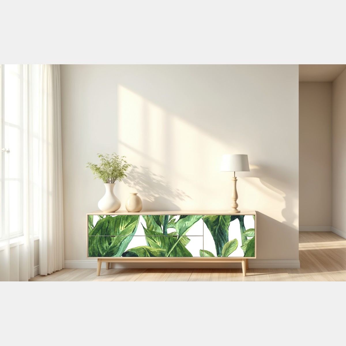 Naklejka repozycjonowalna bujny akwarelowy wzór tropikalnych liści – Wallissimo® Naklejka repozycjonowalna bujny akwarelowy wzór tropikalnych liści – Wallissimo®