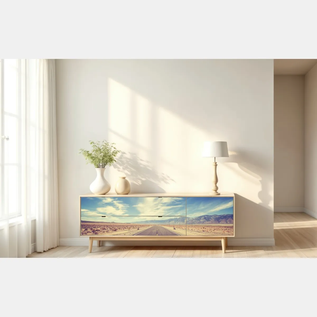 Naklejka repozycjonowalna vintage wiejska droga pod rozległym niebem – Wallissimo® Naklejka repozycjonowalna vintage wiejska droga pod rozległym niebem – Wallissimo®