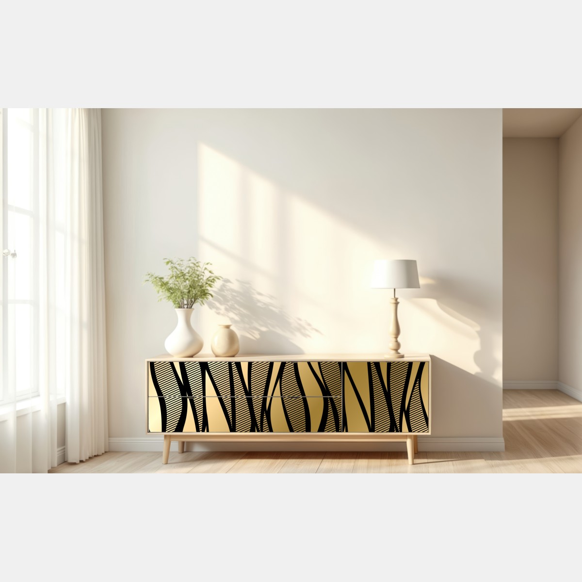 Naklejka repozycjonowalna luksusowy złoty abstrakcyjny wzór fal – Wallissimo® Naklejka repozycjonowalna luksusowy złoty abstrakcyjny wzór fal – Wallissimo®