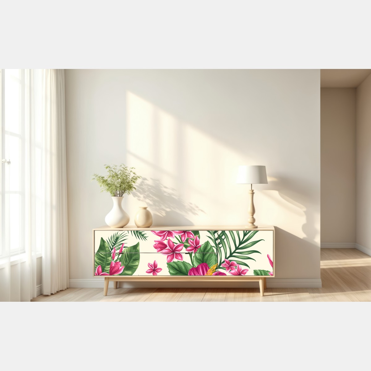 Naklejka repozycjonowalna tropikalny wzór z różowym hibiskusem – Wallissimo® Naklejka repozycjonowalna tropikalny wzór z różowym hibiskusem – Wallissimo®