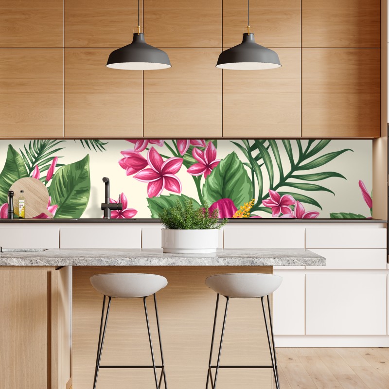 Naklejka repozycjonowalna tropikalny wzór z różowym hibiskusem – Wallissimo® Naklejka repozycjonowalna tropikalny wzór z różowym hibiskusem – Wallissimo®