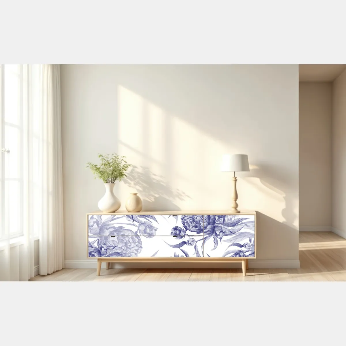 Naklejka repozycjonowalna niebieskie peonie w stylu botanicznym – Wallissimo® Naklejka repozycjonowalna niebieskie peonie w stylu botanicznym – Wallissimo®