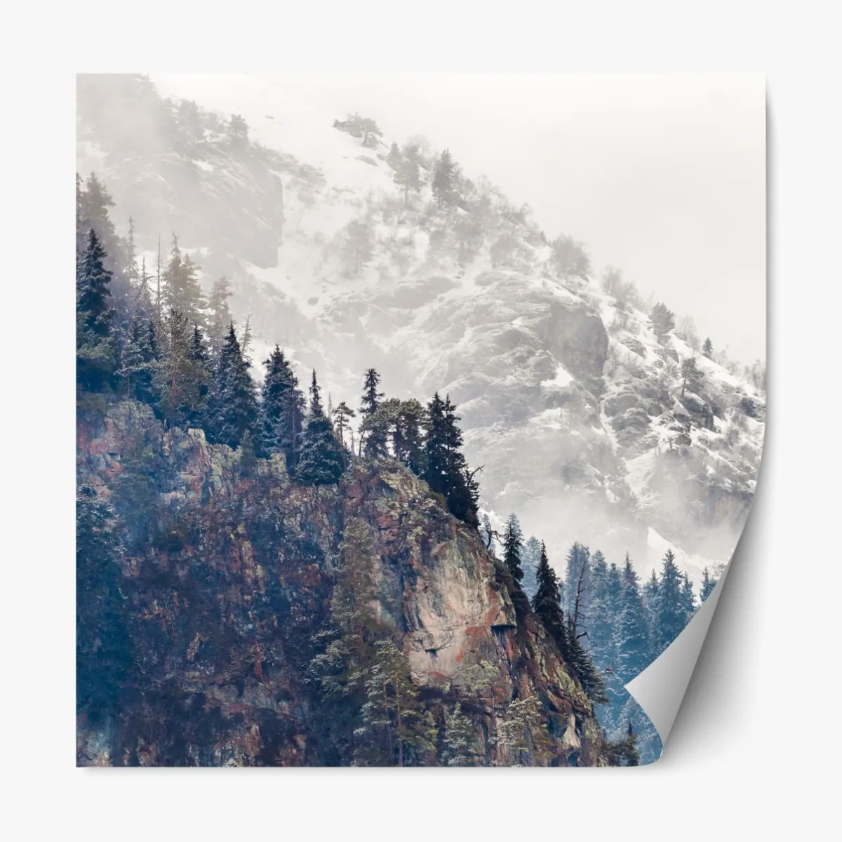 Naklejka repozycjonowalna mglista góra z urwiskiem i sosnowym lasem – Wallissimo® Naklejka repozycjonowalna mglista góra z urwiskiem i sosnowym lasem – Wallissimo®