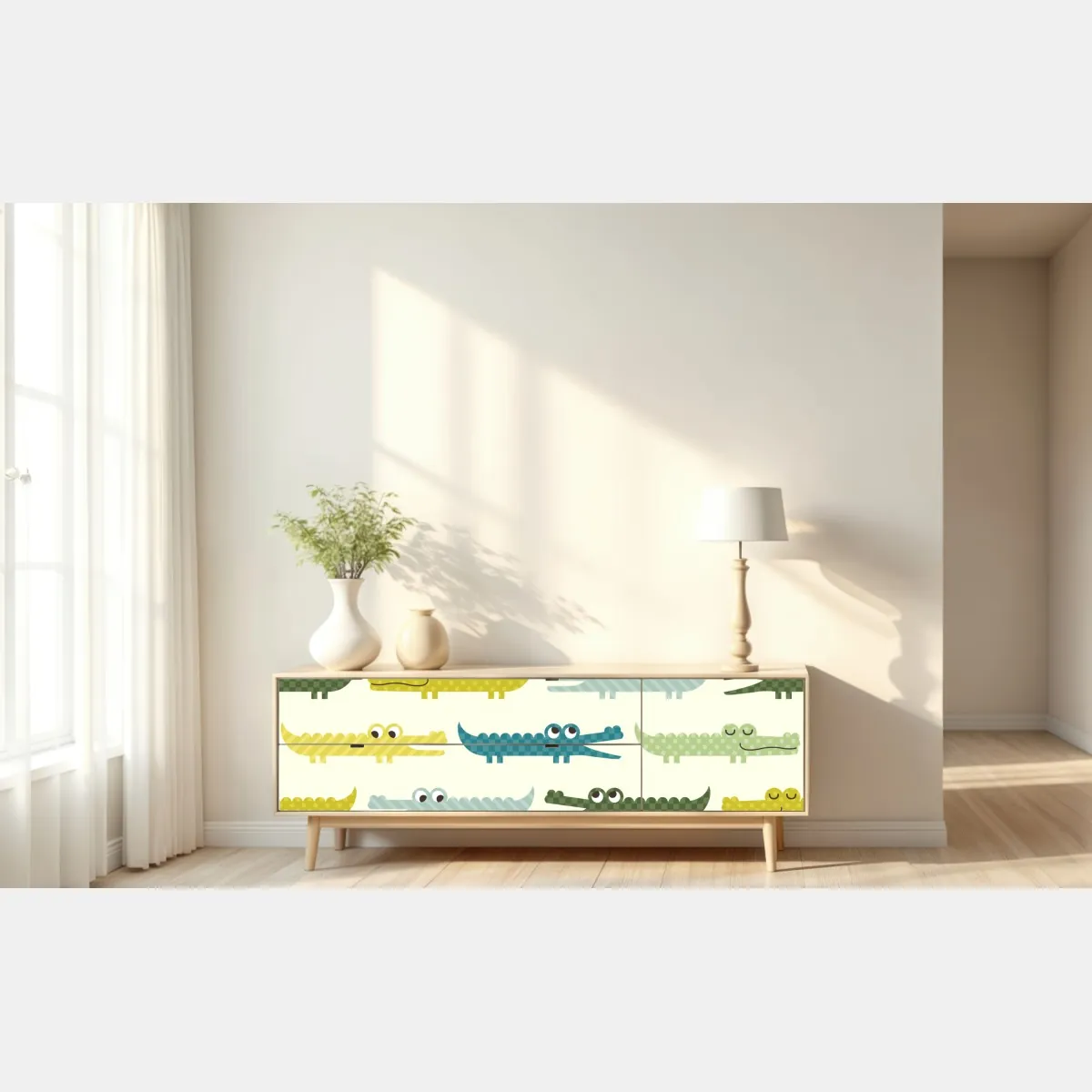Naklejka repozycjonowalna wesoły wzór krokodyli do pokoju dziecięcego – Wallissimo® Naklejka repozycjonowalna wesoły wzór krokodyli do pokoju dziecięcego – Wallissimo®