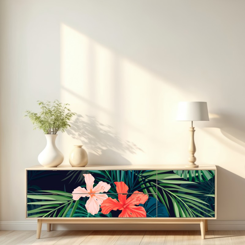 Naklejka repozycjonowalna tropikalny wzór z hibiskusem – Wallissimo® Naklejka repozycjonowalna tropikalny wzór z hibiskusem – Wallissimo®