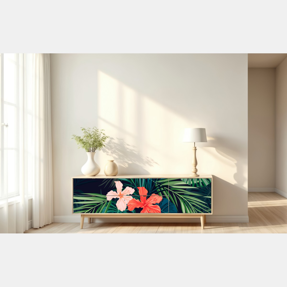 Naklejka repozycjonowalna tropikalny wzór z hibiskusem – Wallissimo® Naklejka repozycjonowalna tropikalny wzór z hibiskusem – Wallissimo®