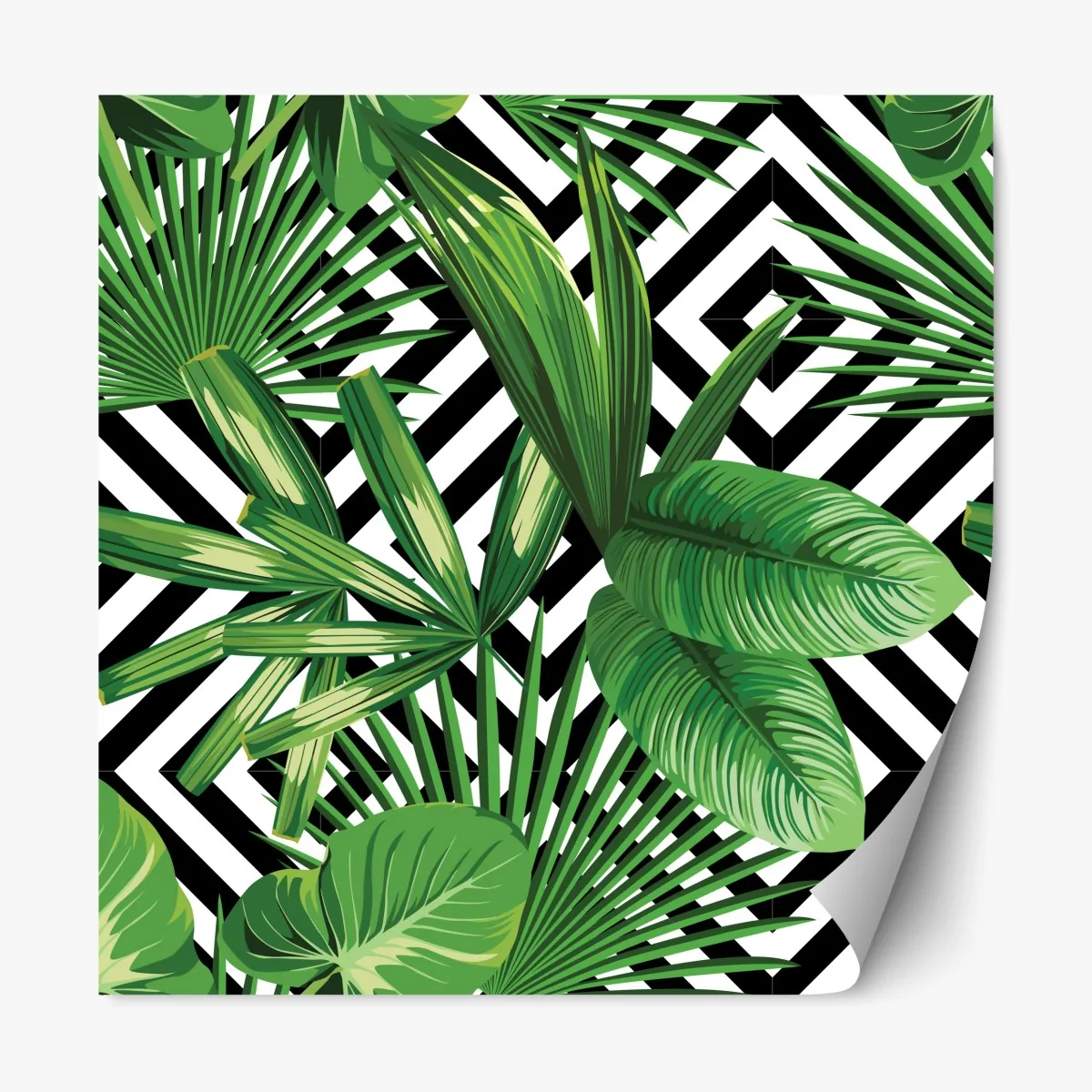 Naklejka repozycjonowalna tropikalne liście z geometrycznym wzorem – Wallissimo® Naklejka repozycjonowalna tropikalne liście z geometrycznym wzorem – Wallissimo®