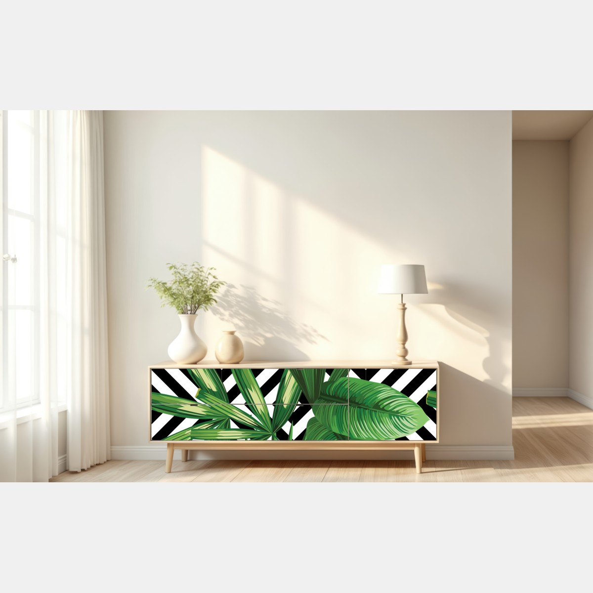 Naklejka repozycjonowalna tropikalne liście z geometrycznym wzorem – Wallissimo® Naklejka repozycjonowalna tropikalne liście z geometrycznym wzorem – Wallissimo®