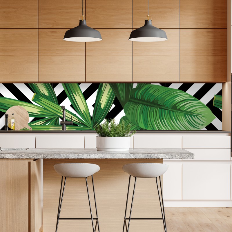 Naklejka repozycjonowalna tropikalne liście z geometrycznym wzorem – Wallissimo® Naklejka repozycjonowalna tropikalne liście z geometrycznym wzorem – Wallissimo®