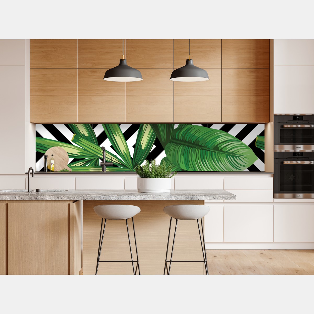Naklejka repozycjonowalna tropikalne liście z geometrycznym wzorem – Wallissimo® Naklejka repozycjonowalna tropikalne liście z geometrycznym wzorem – Wallissimo®