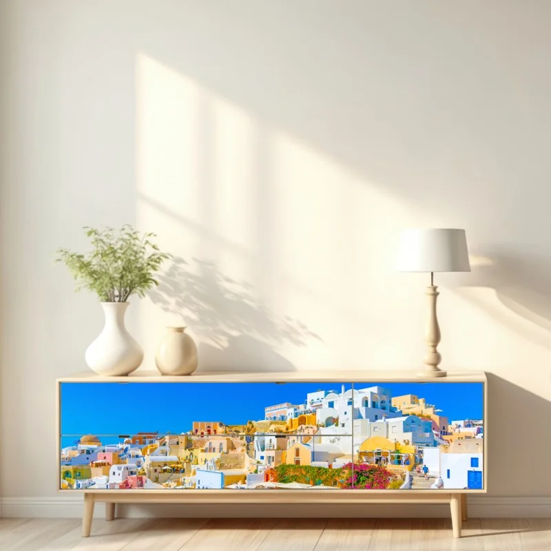 Naklejka repozycjonowalna słoneczna wioska Oia, Santorini – Wallissimo® Naklejka repozycjonowalna słoneczna wioska Oia, Santorini – Wallissimo®