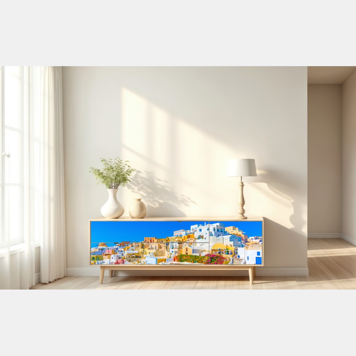 Naklejka repozycjonowalna słoneczna wioska Oia, Santorini – Wallissimo® Naklejka repozycjonowalna słoneczna wioska Oia, Santorini – Wallissimo®