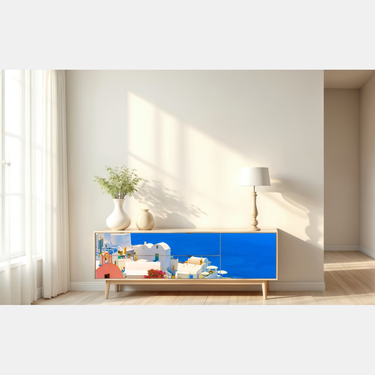 Naklejka repozycjonowalna słoneczny widok na Santorini: białe domy i błękit morza – Wallissimo® Naklejka repozycjonowalna słoneczny widok na Santorini: białe domy i błękit morza – Wallissimo®