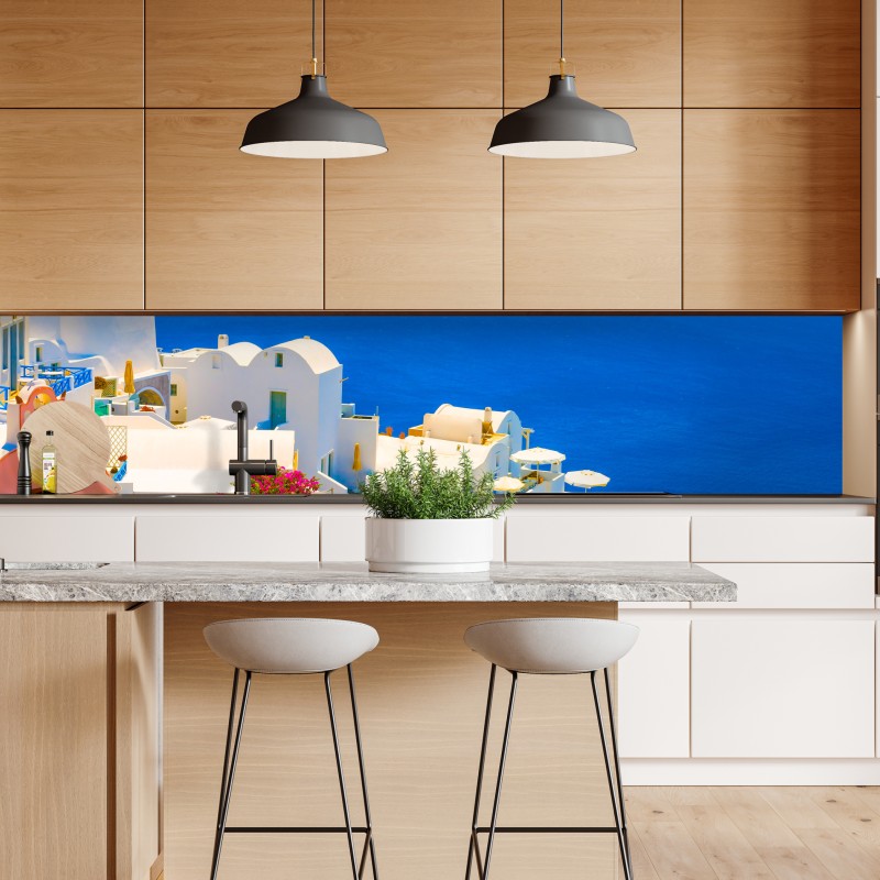 Naklejka repozycjonowalna słoneczny widok na Santorini: białe domy i błękit morza – Wallissimo® Naklejka repozycjonowalna słoneczny widok na Santorini: białe domy i błękit morza – Wallissimo®