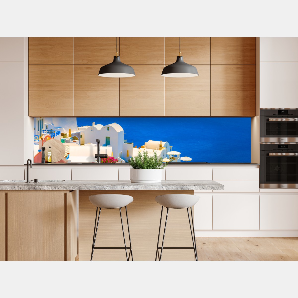 Naklejka repozycjonowalna słoneczny widok na Santorini: białe domy i błękit morza – Wallissimo® Naklejka repozycjonowalna słoneczny widok na Santorini: białe domy i błękit morza – Wallissimo®