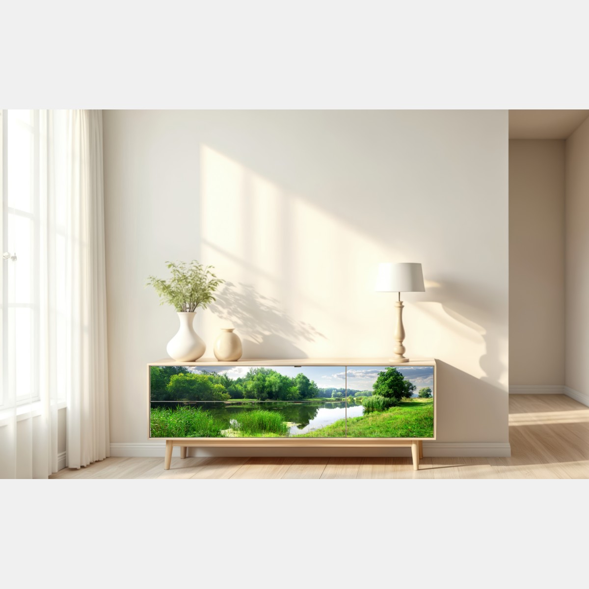 Naklejka repozycjonowalna słoneczna łąka nad rzeką – Wallissimo® Naklejka repozycjonowalna słoneczna łąka nad rzeką – Wallissimo®