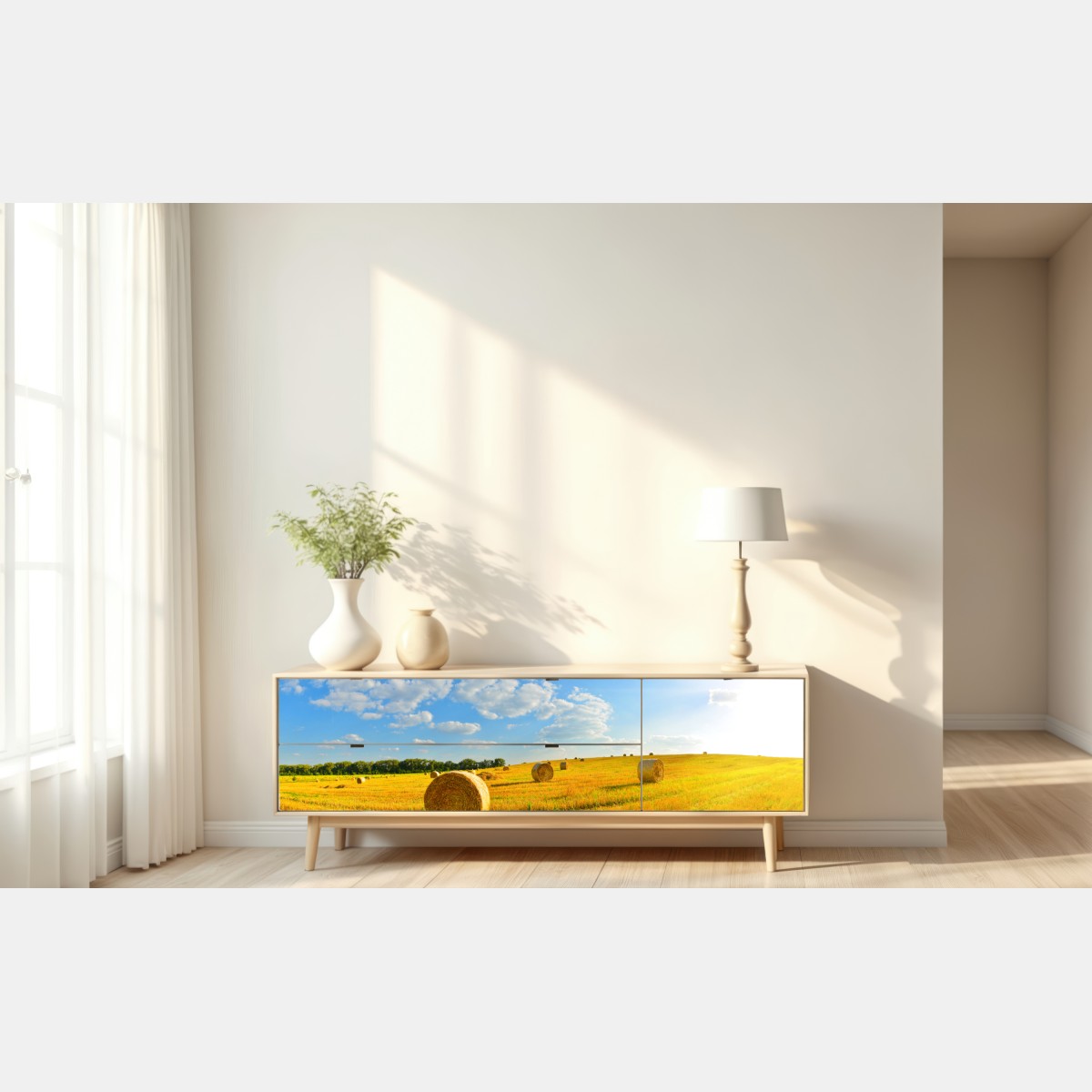 Naklejka repozycjonowalna złote pole siana pod błękitnym niebem – Wallissimo® Naklejka repozycjonowalna złote pole siana pod błękitnym niebem – Wallissimo®