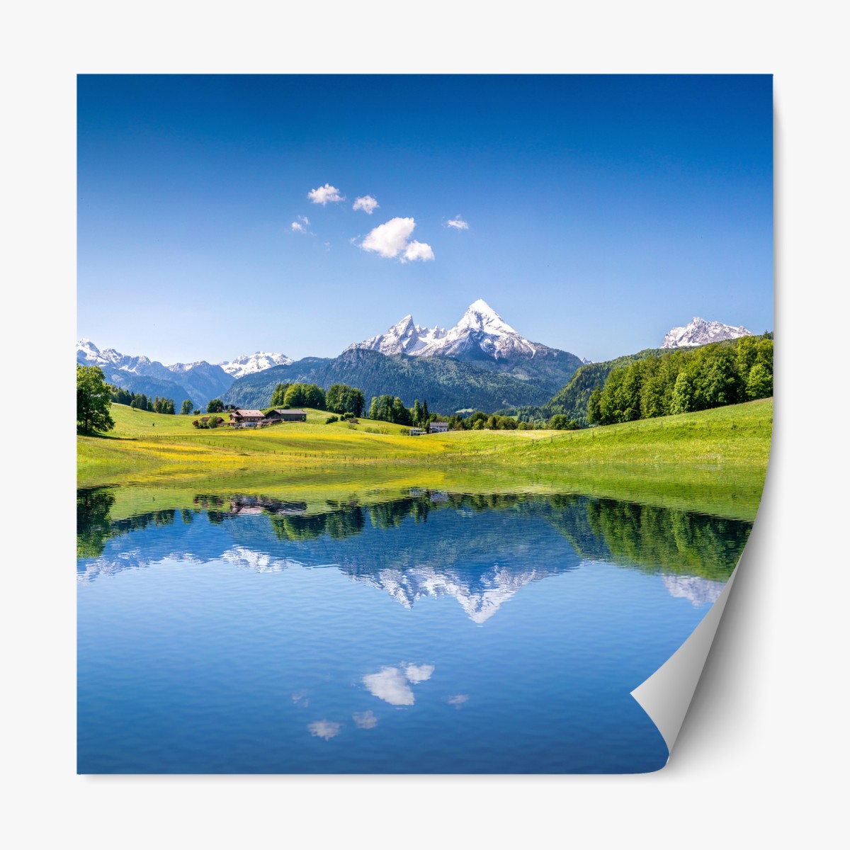 Repositionable sticker alpine peaks reflected in a tranquil lake