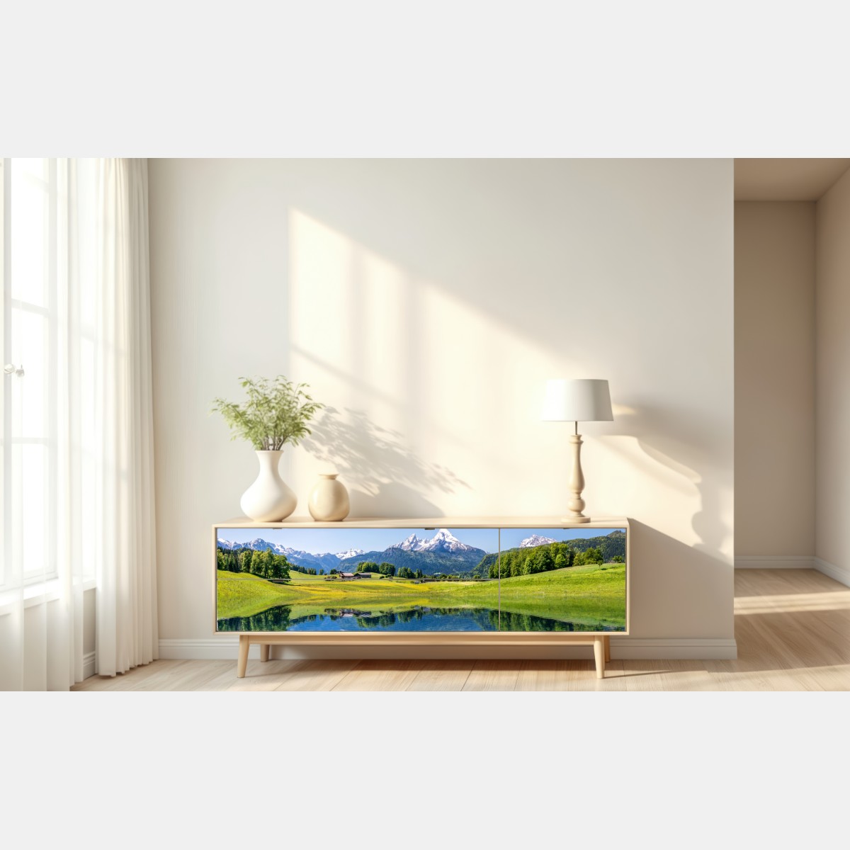 Naklejka repozycjonowalna alpejskie szczyty odbite w spokojnym jeziorze – Wallissimo® Naklejka repozycjonowalna alpejskie szczyty odbite w spokojnym jeziorze – Wallissimo®