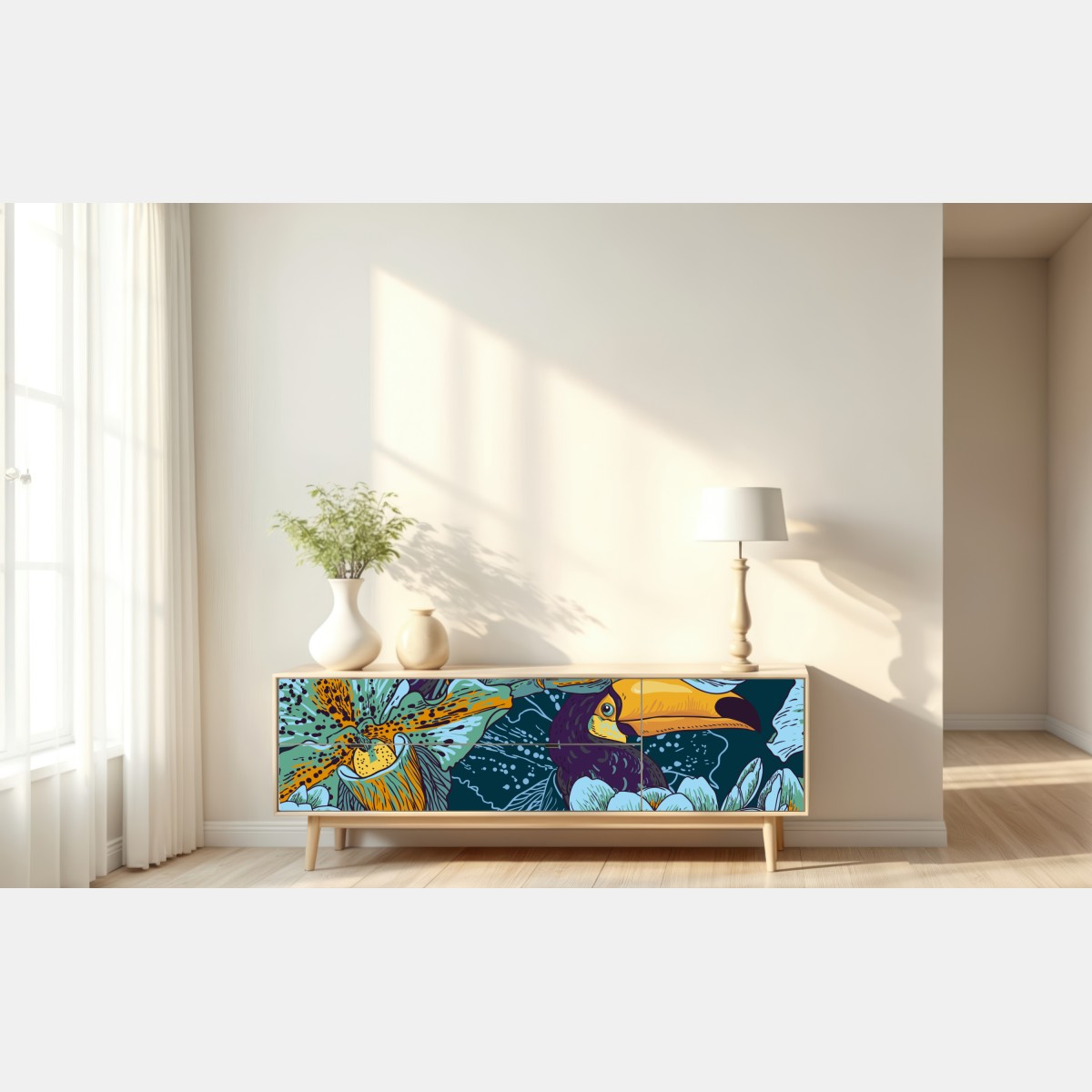 Naklejka repozycjonowalna tropikalny wzór z tukaniami i kwiatami – Wallissimo® Naklejka repozycjonowalna tropikalny wzór z tukaniami i kwiatami – Wallissimo®