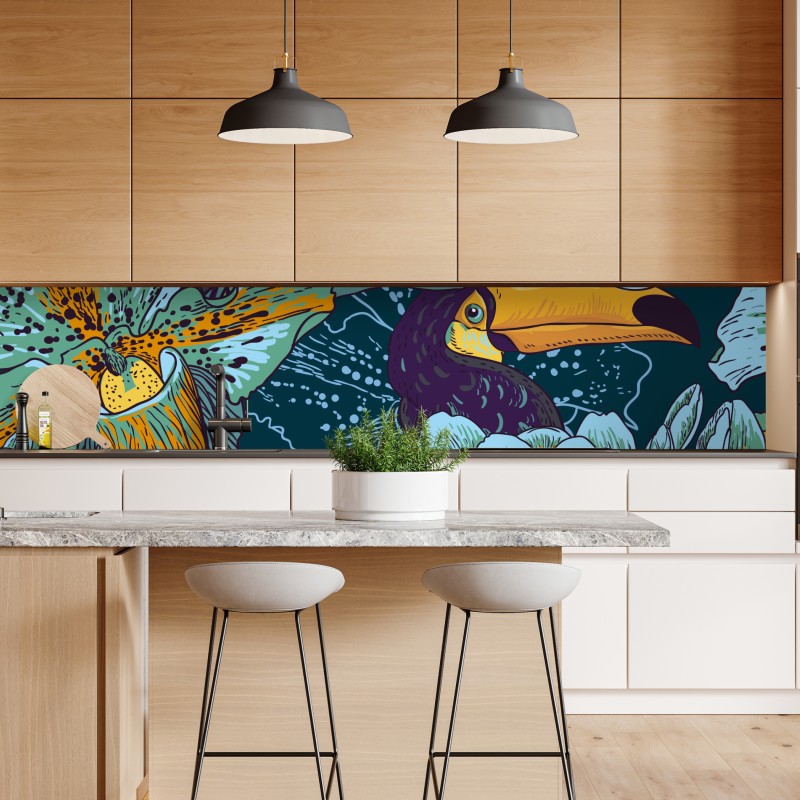 Naklejka repozycjonowalna tropikalny wzór z tukaniami i kwiatami – Wallissimo® Naklejka repozycjonowalna tropikalny wzór z tukaniami i kwiatami – Wallissimo®