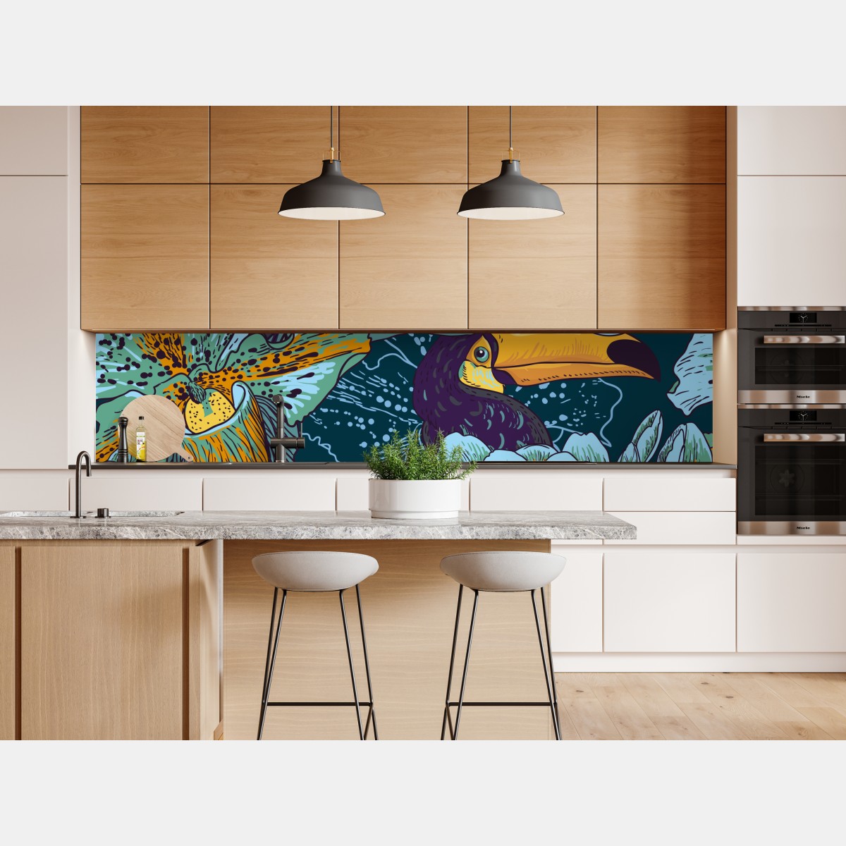 Naklejka repozycjonowalna tropikalny wzór z tukaniami i kwiatami – Wallissimo® Naklejka repozycjonowalna tropikalny wzór z tukaniami i kwiatami – Wallissimo®