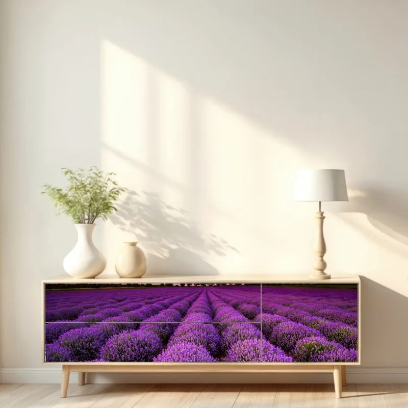 Naklejka repozycjonowalna pole lawendy o zachodzie słońca – Wallissimo® Naklejka repozycjonowalna pole lawendy o zachodzie słońca – Wallissimo®