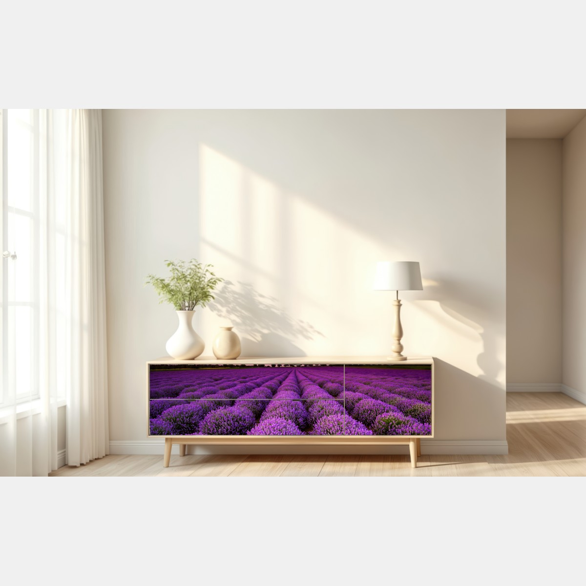 Naklejka repozycjonowalna pole lawendy o zachodzie słońca – Wallissimo® Naklejka repozycjonowalna pole lawendy o zachodzie słońca – Wallissimo®