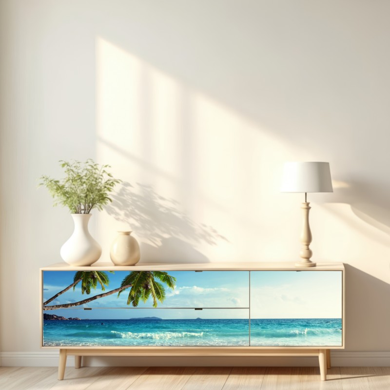 Naklejka repozycjonowalna tropikalna plaża na Karaibach o zachodzie słońca – Wallissimo® Naklejka repozycjonowalna tropikalna plaża na Karaibach o zachodzie słońca – Wallissimo®